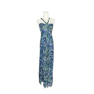 Laundry by Shelli Segal Blue Green Paisley Halter Maxi Dress Size 2